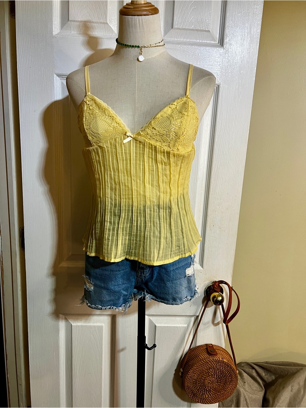 Wms Lemon Yellow Y2K Lace Sheer Crinkle Babydoll‎ Cami Top S